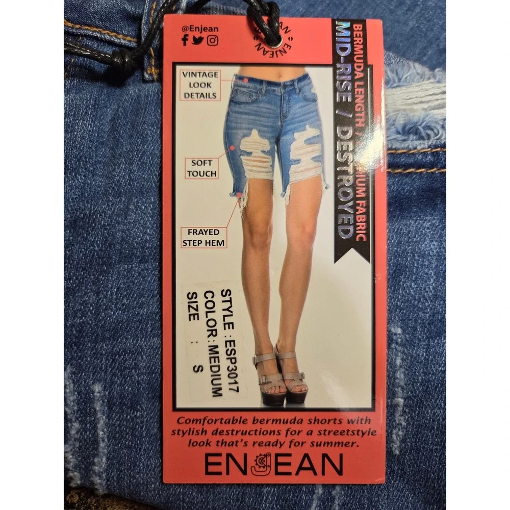 ENJEAN Womens Mid Rise Destroyed Distressed Denim Bermuda Shorts Size‎ S